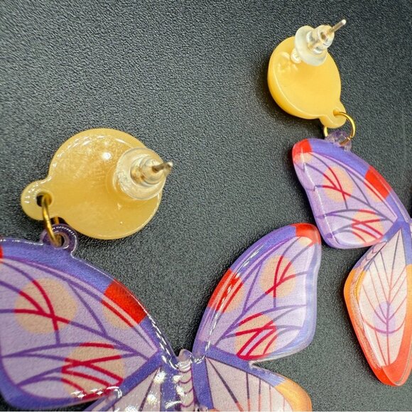 Colorful Orange and Purple Acrylic Butterfly Earrings - Pierced - Picture 5 of 6